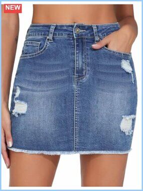 Ripped Denim Mini Skirt Stretchy High Rise Raw Hem Jean Skirt